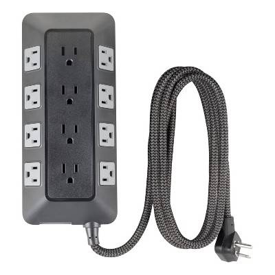 General Electric 12-Outlet Surge Protector Braided Extension Cord, 8 ft, Gray
