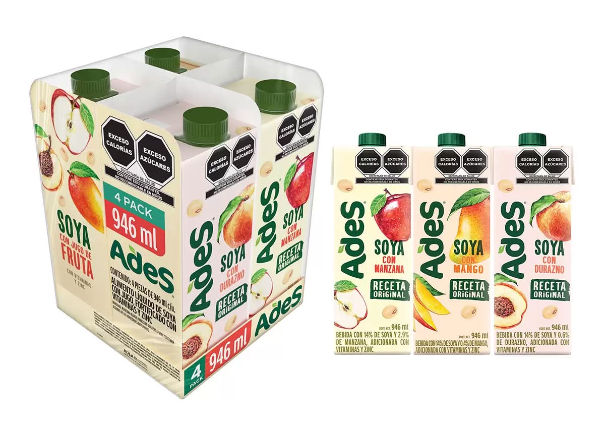 Ades · Bebida de soya con jugo de frutas, manzana-mango-durazno (4 x 946 ml)