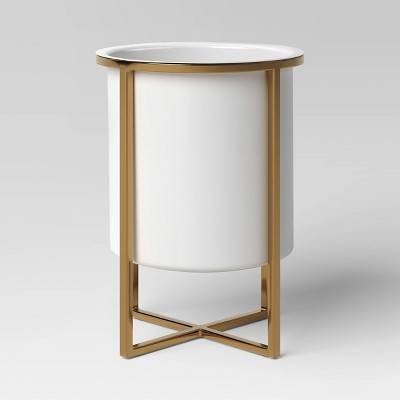 2pc Iron Indoor Outdoor Planter Pot with Stand White/Brass 9"x9"x12.1" - Threshold™: Chic, No Assembly