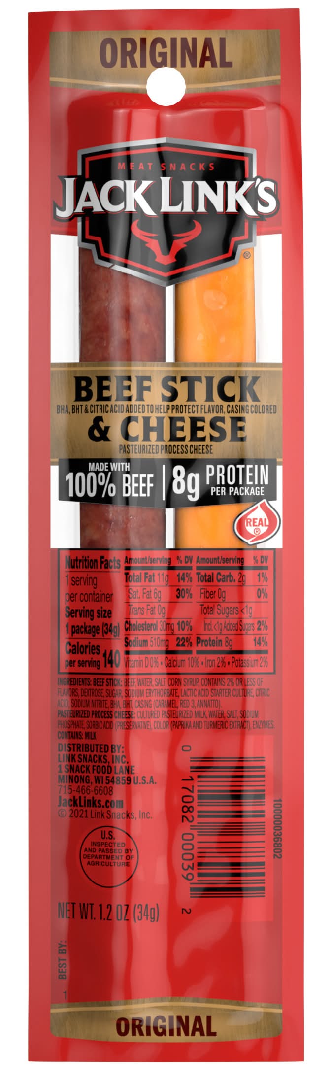 Jack Link's Beef & Cheese Snack Sticks, Original (1.2 oz, 2 ct)