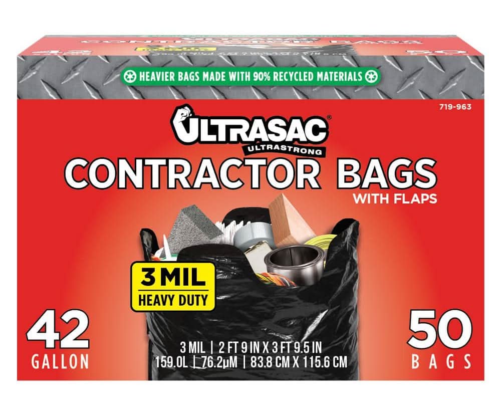 Ultrasac 42-Gallon Heavy Duty Contractor Bag With Flaps (50-Count)