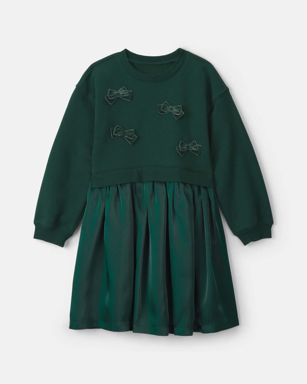 Girls Bow Layered Fleece Dress - Green - 12