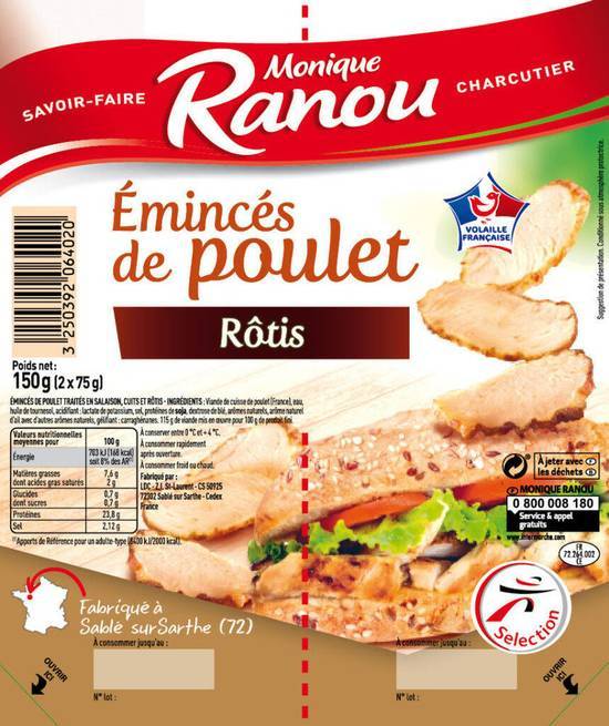 Emincés de poulet rôtis - monique ranou - 2 * 75g (150g)