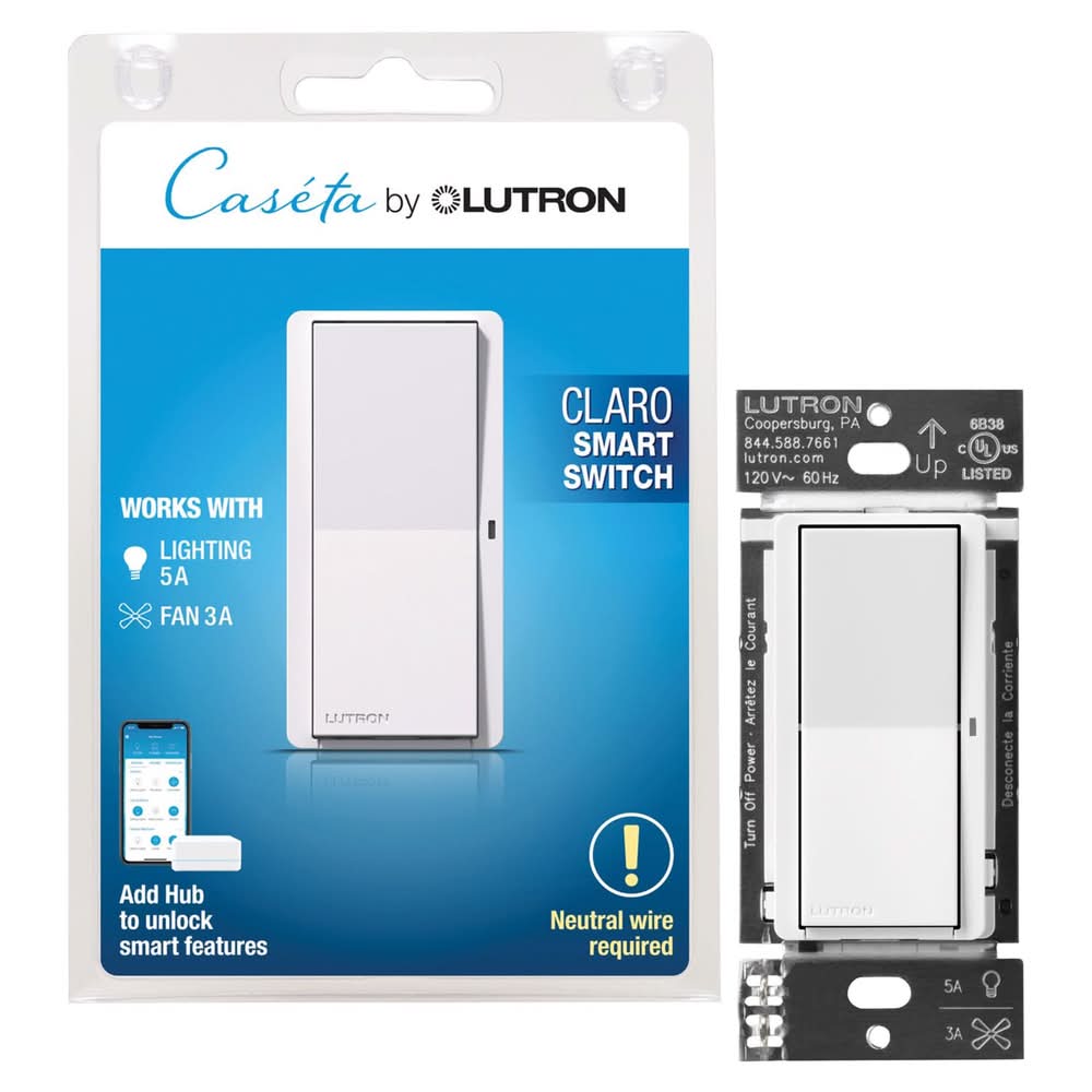 Lutron Caseta 5 Amps Single Pole Smart Smart-Enabled Rocker Switch White 1 Pk