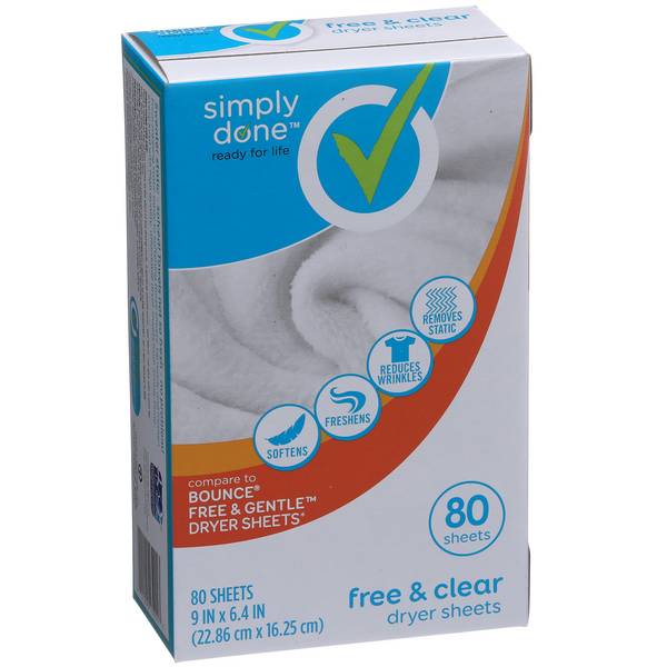 Simply Done Free & Clear Dryer Sheets, Fragrance Free, 9 x 6.4" (80 ct)