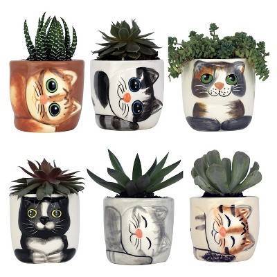 Window Garden Cat Planter Pot Set - 6 Mini 3" Succulent Kitty Pots