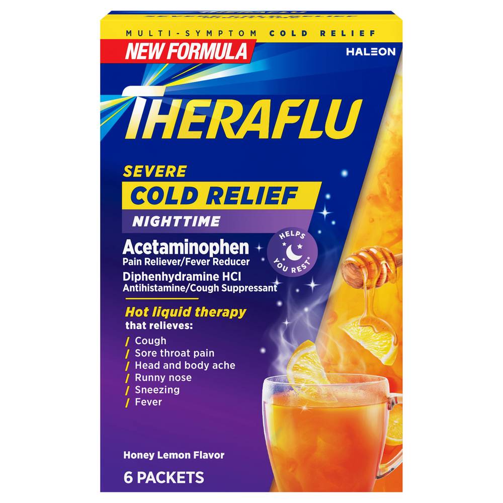 Theraflu Multi-Symptom Nighttime Cold Relief Packets, Honey Lemon (6 ct)