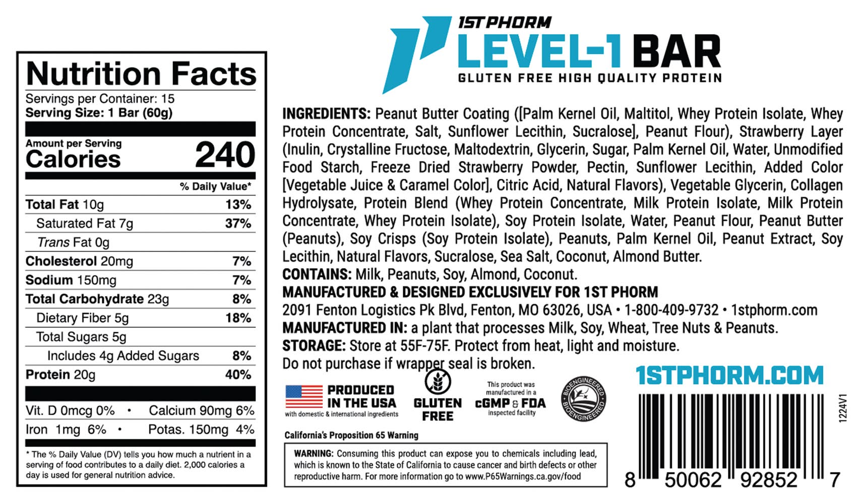 Level-1 Protein Bar - 20G Protein - Peanut Butter & Jelly (15 Bars)
