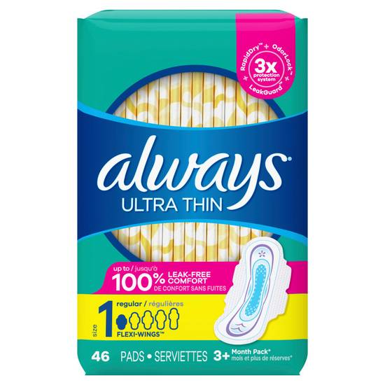 Always Ultra Thin Daytime Pads with Wings Size 1 Regular Unscented 46ct
