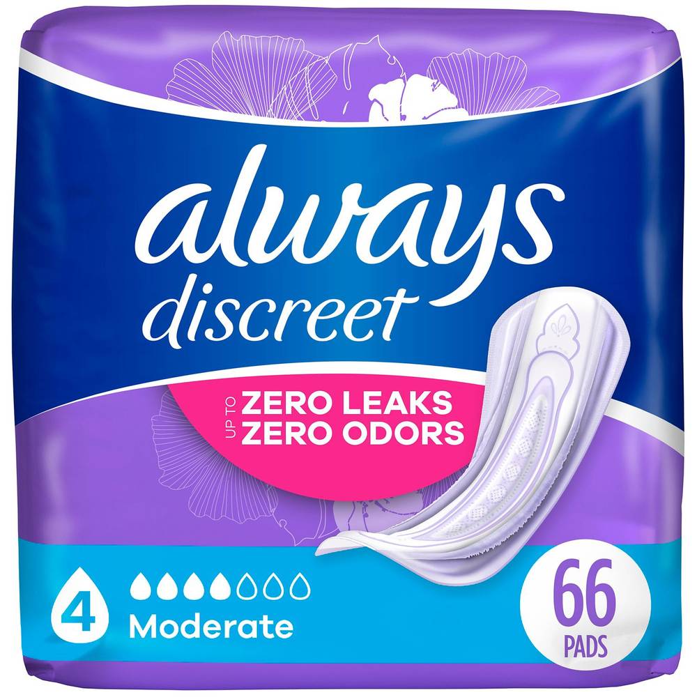 Always Discreet Adult Incontinence Pads For Women, Moderate Absorbency, Regular Length, Postpartum Pads, 66 Ct