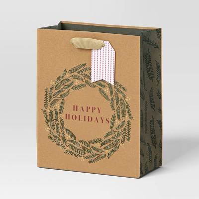 'Happy Holidays' Wreath Cub Christmas Gift Bag Brown - Wondershop™