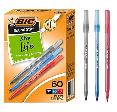 BIC Round Stic Xtra-Life Ballpoint Pen, Medium Point, 1.0mm, Assorted Ink, 60/Pack (GSM609-AST)