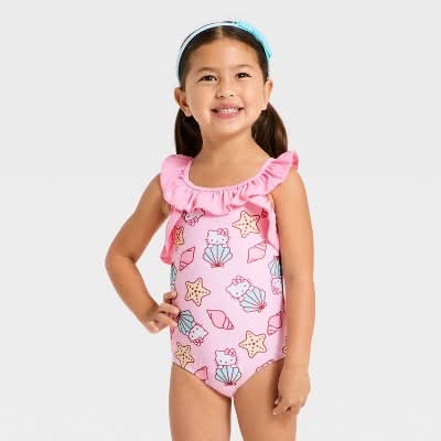 Sanrio Toddler Girl's Hello Kitty Seashell Printed Ruffle One Piece Swimsuit, 3T, Pink