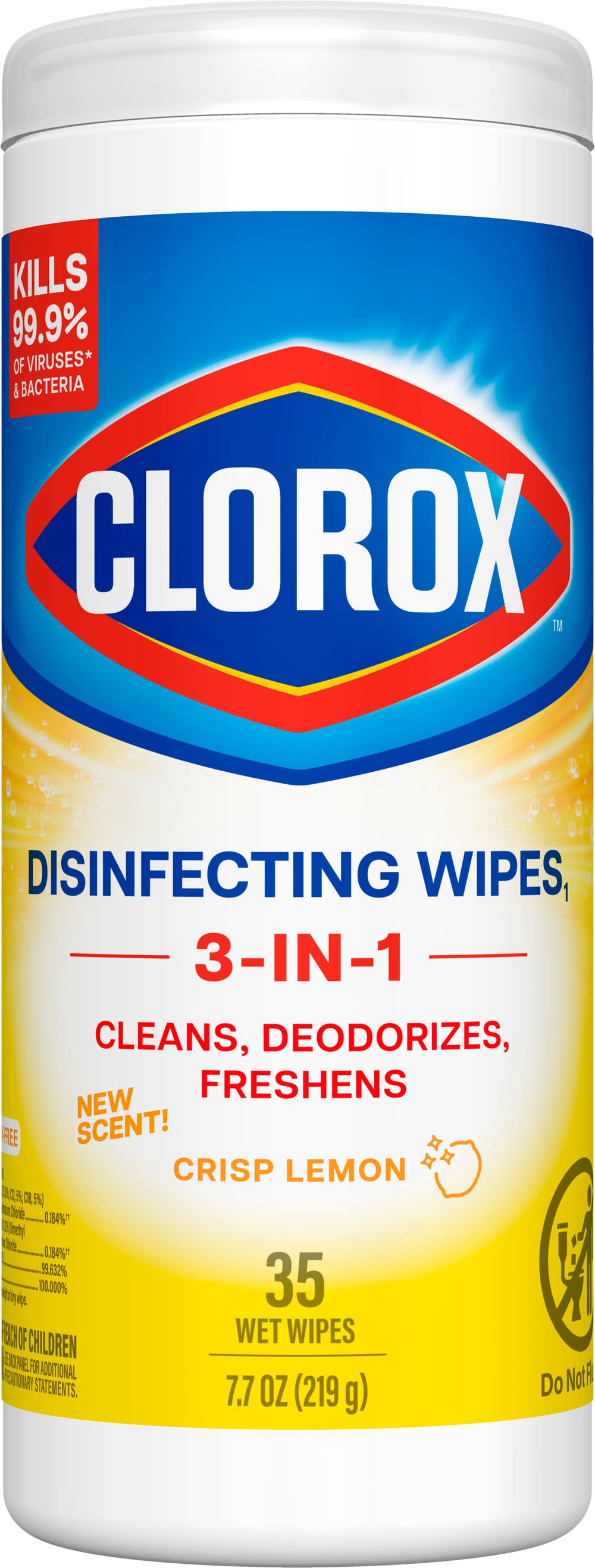 Clorox 3 In 1 Bleach Free Disinfecting Cleaning Wipes, Crisp Lemon (7.7 oz, 35 ct)