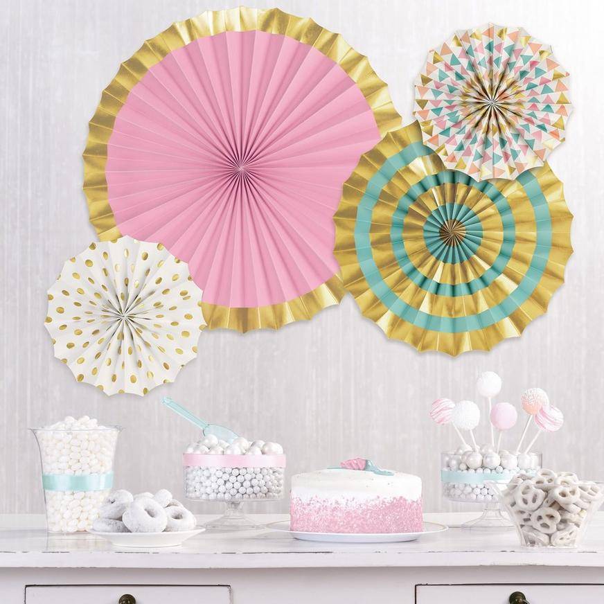 Metallic Gold Pastel Patterned Paper Fan Decorations, 4ct