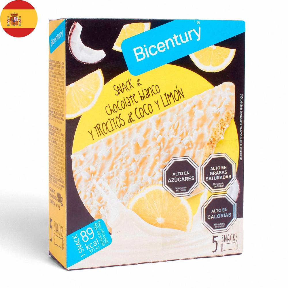 Bicentury snack barra chocolate blanco, coco y limón (caja 5 u x 18 g c/u)
