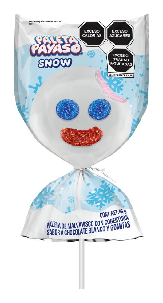 Paleta Payaso · Paleta snow de malvavisco cubierta, chocolate blanco-gomitas