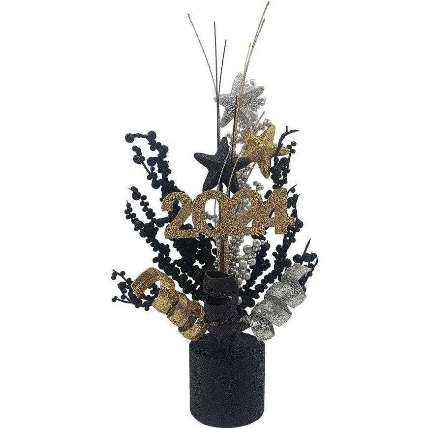 Glitter Black, Silver Gold 2024 Metal Wood Centerpiece, 3in x 15.7in