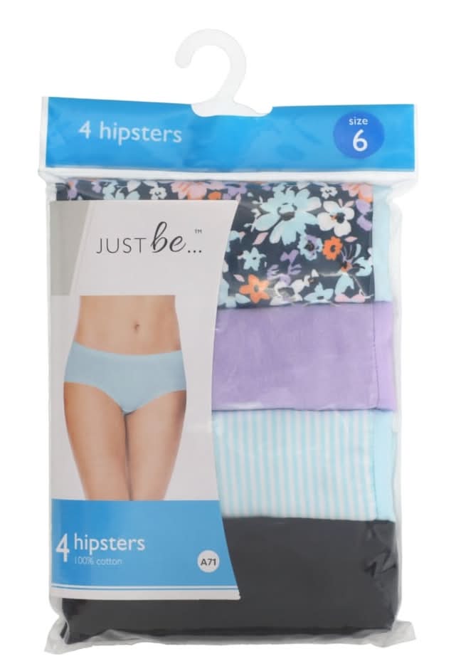 Just Be 100% Cotton Hipsters, Women, Size 6, Assorted (4 ct)