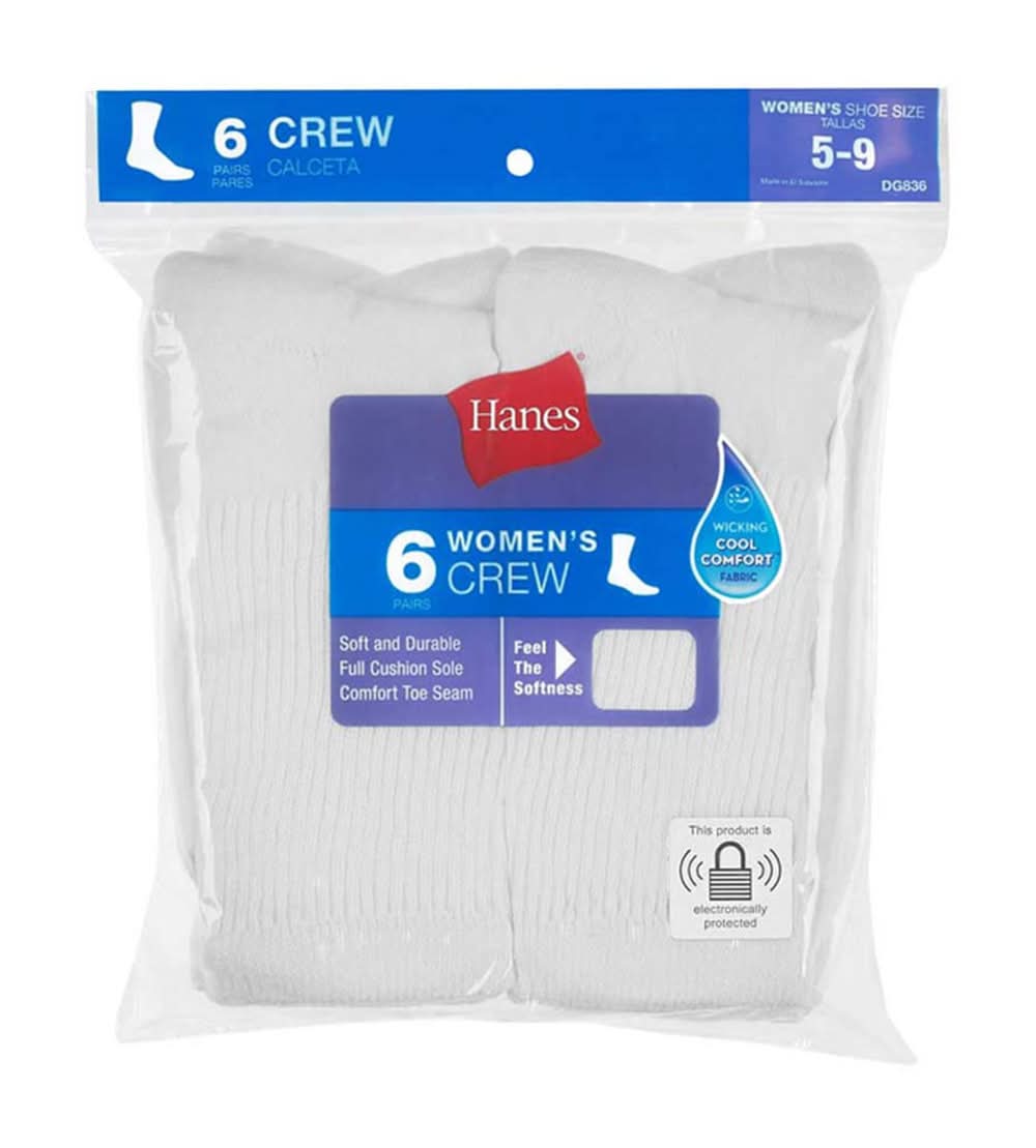 Hanes Women'S Crew Socks- White 6 Pack Shoe Size 5-9