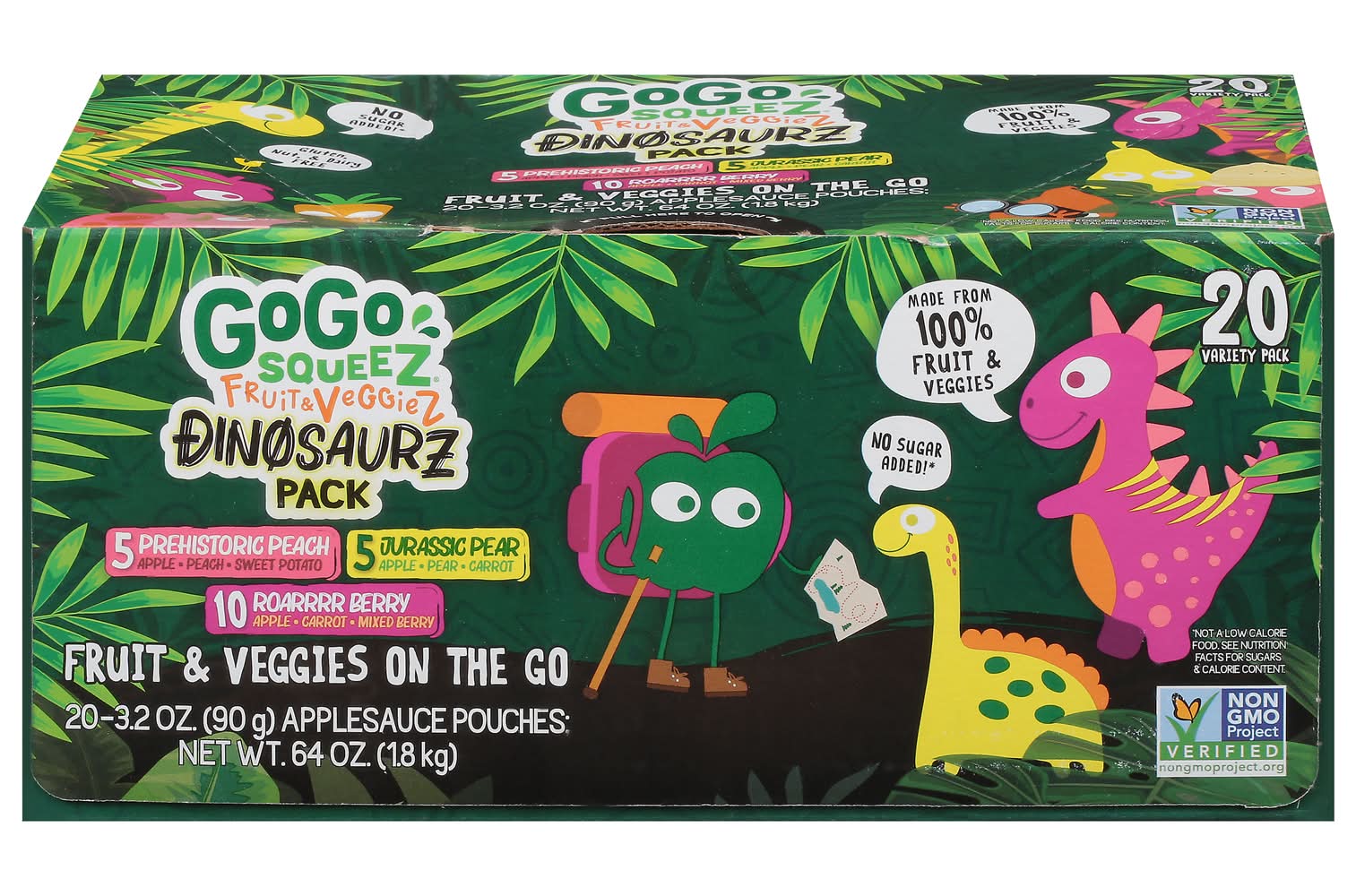 GoGo squeeZ Fruit & Veggiez Dinosaurz Variety pack, Prehistoric Peach-Jurassic Peach-Roarrrr Berry (20 x 3.2 oz)