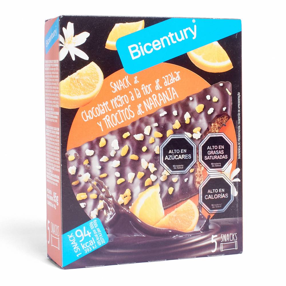 Bicentury snack barra chocolate negro con azahar y naranja (caja 5 u x 18 g c/u)