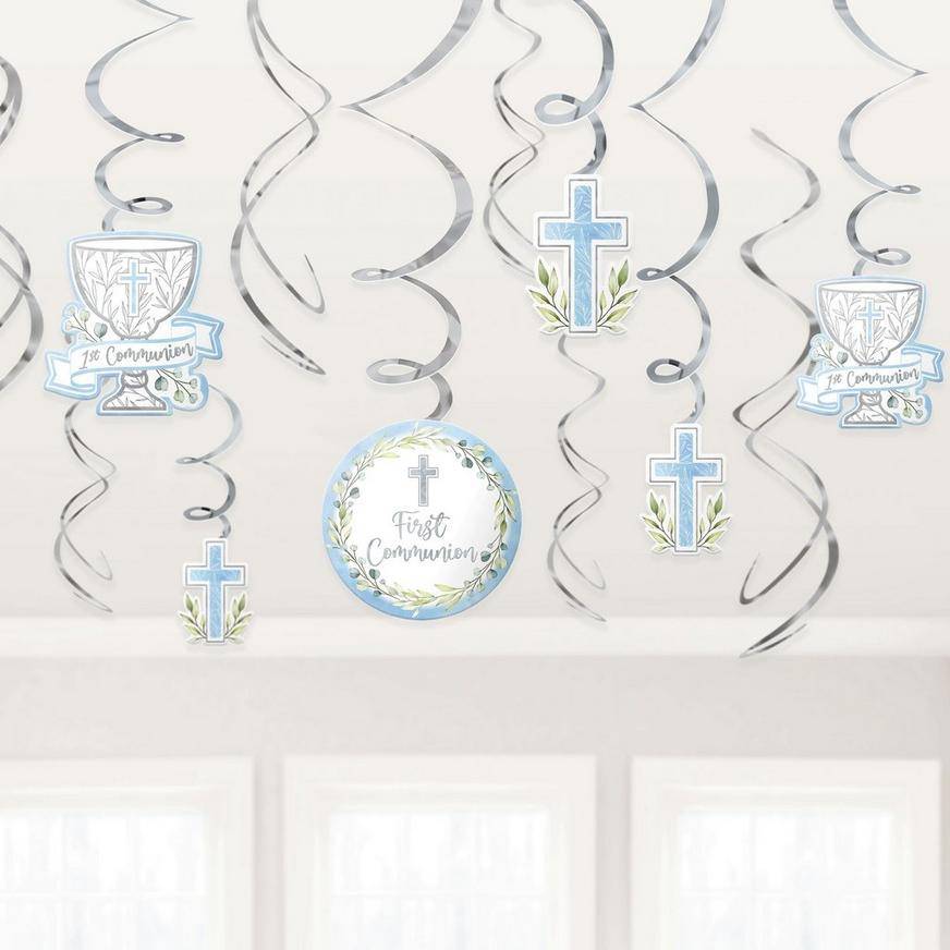 Blue My First Communion Swirl Decorations, 12ct