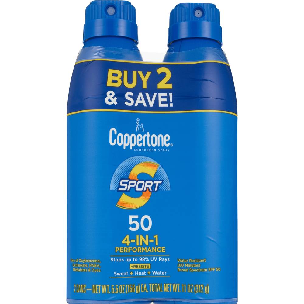 Coppertone Sport SPF 50 Sunscreen Spray, Broad Spectrum Water Resistant, Twin Pack, 11 OZ