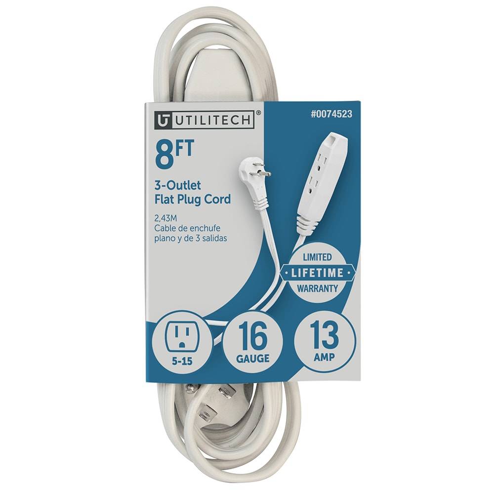 Utilitech Indoor 8-ft 16/3 3 Prong White Indoor SPT-2 Light Duty Flat Plug Extension Cord | UT930608