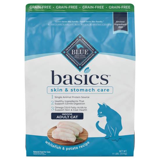 Blue Buffalo Basics Skin & Stomach Care Grain Free, Natural Indoor Adult Dry Cat Food, Fish & Potato