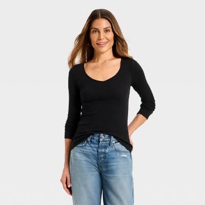 Universal Thread Long Sleeve Ribbed V-Neck T-Shirt, Women, M, Black