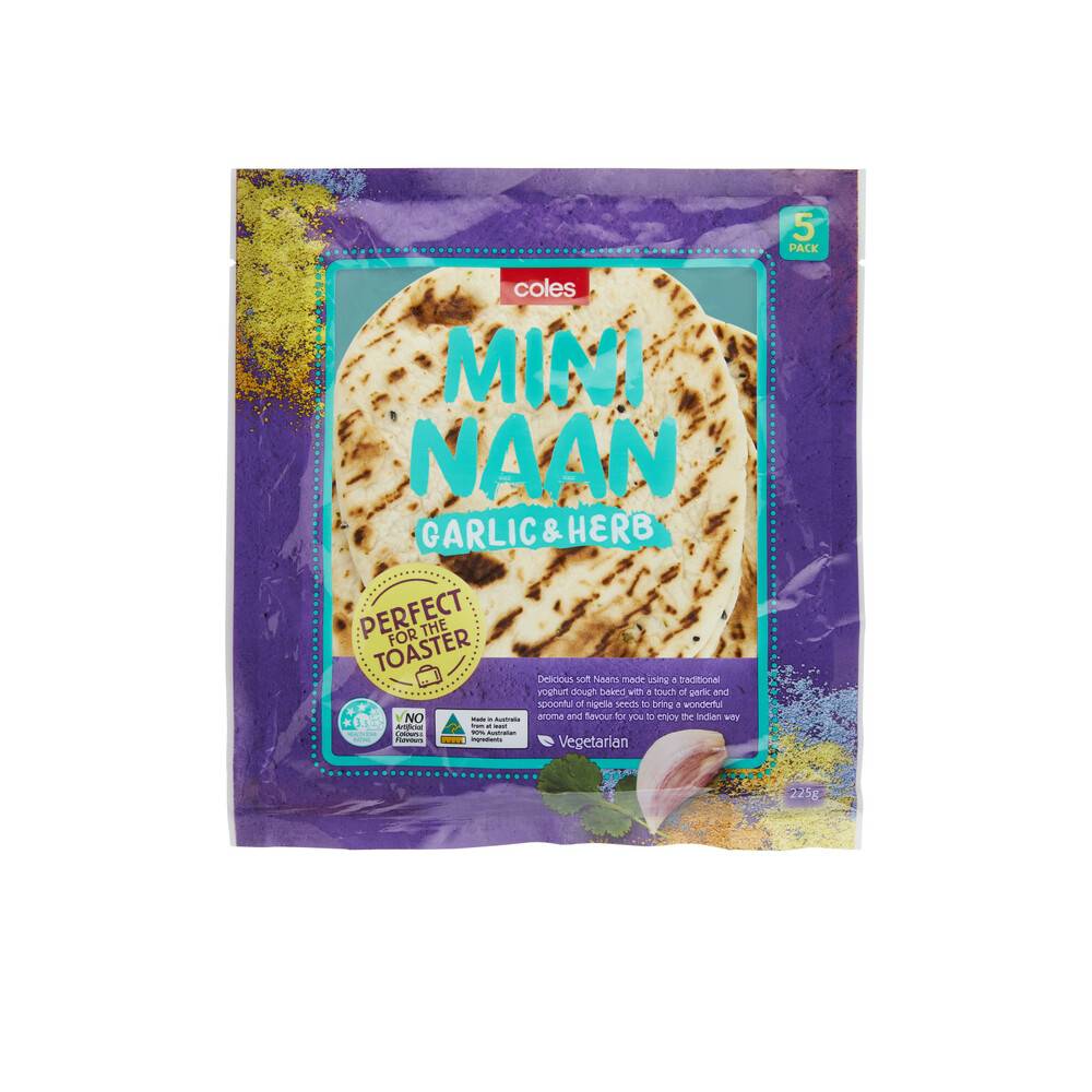 Coles Mini Toasty Garlic and Herb Naan 225g (5 pack)