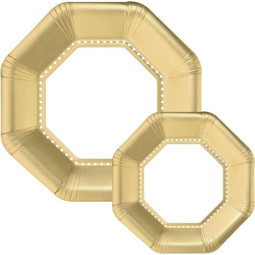 Octoganal Premium Paper Dinner (10.25in) Dessert (7.5in) Plates with Gold Border, 20ct