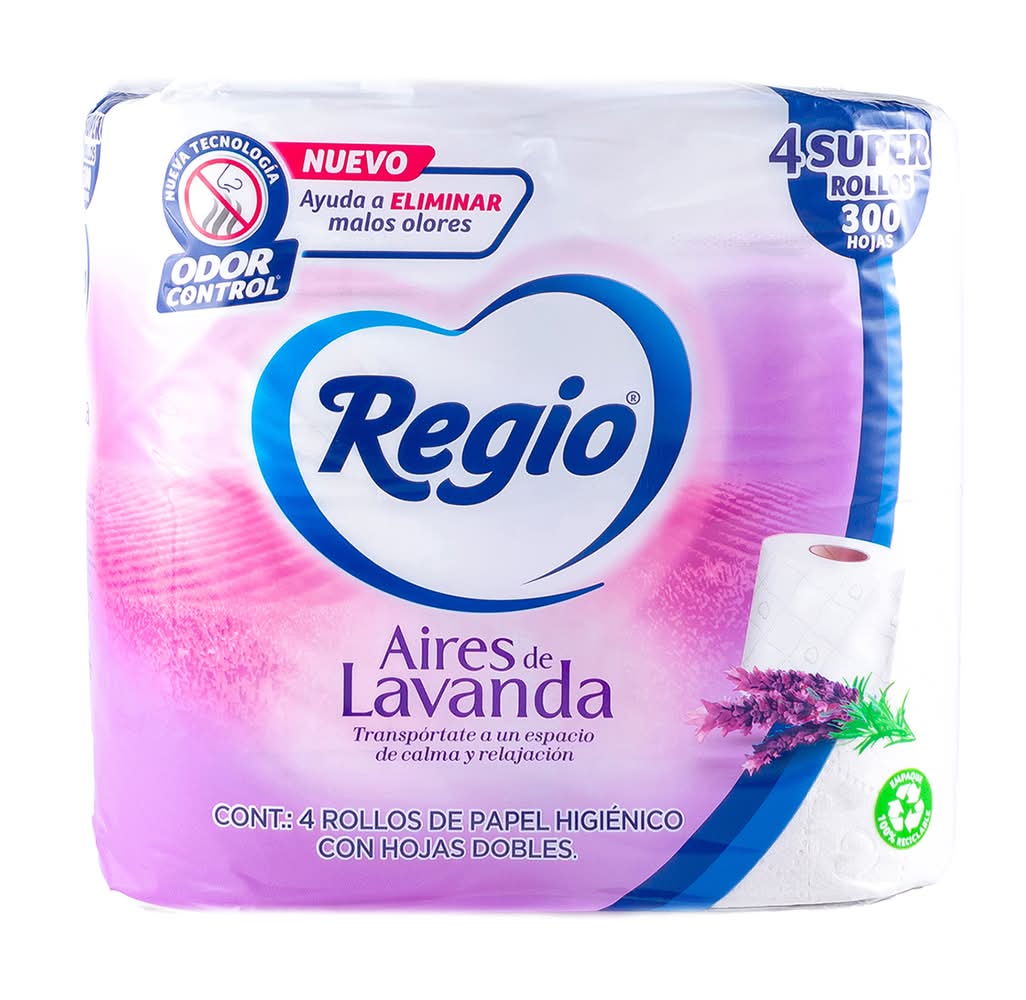 Regio · Papel higiénico doble hoja, lavanda (4 un)