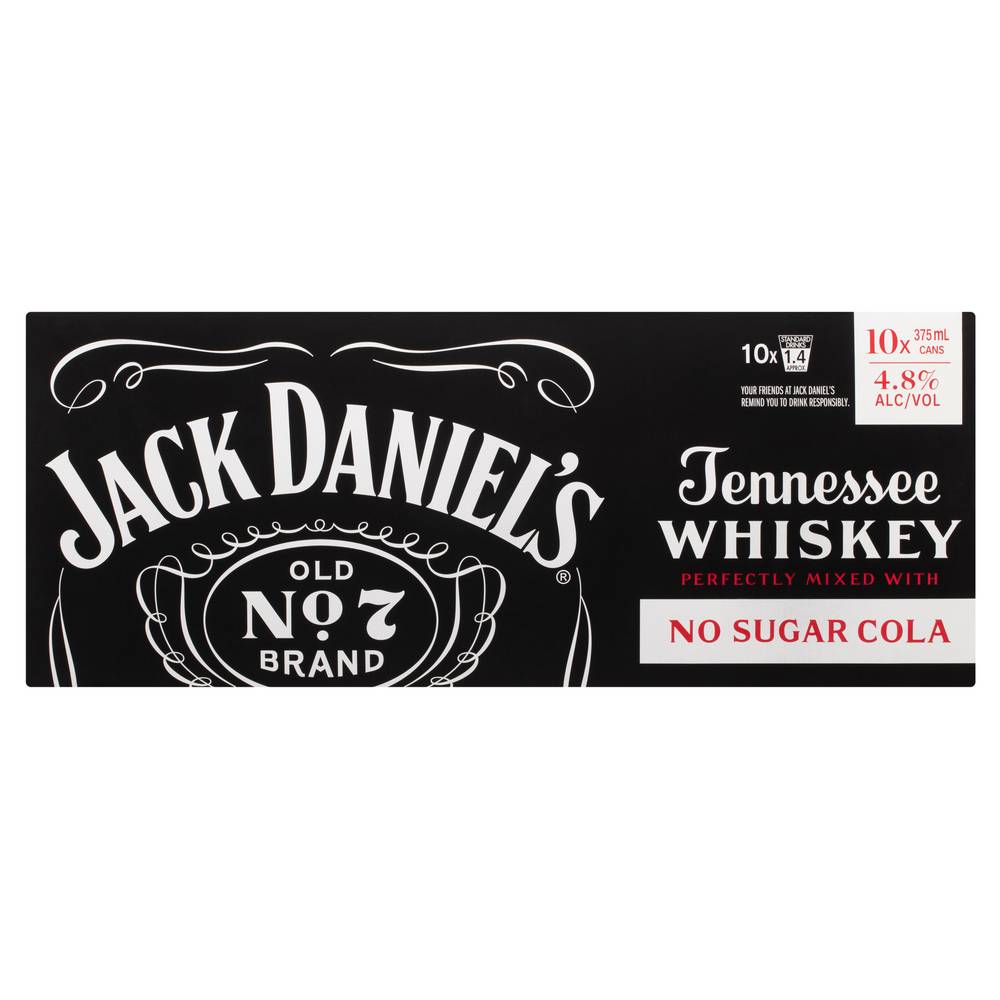 Jack Daniels & No Sugar Cola Can  375mL X 10 Pack