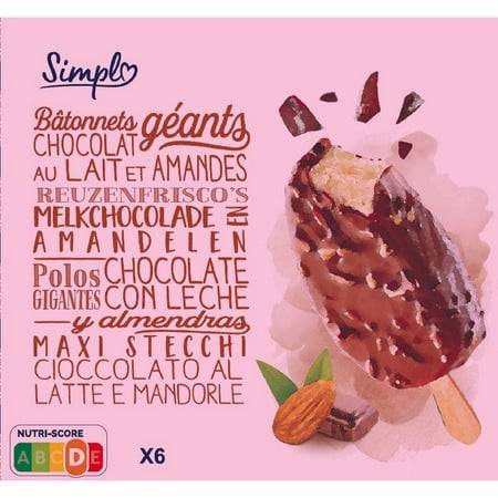 Glaces bâtonnets chocolat lait amandes SIMPLY - la boite de 6 - 492g