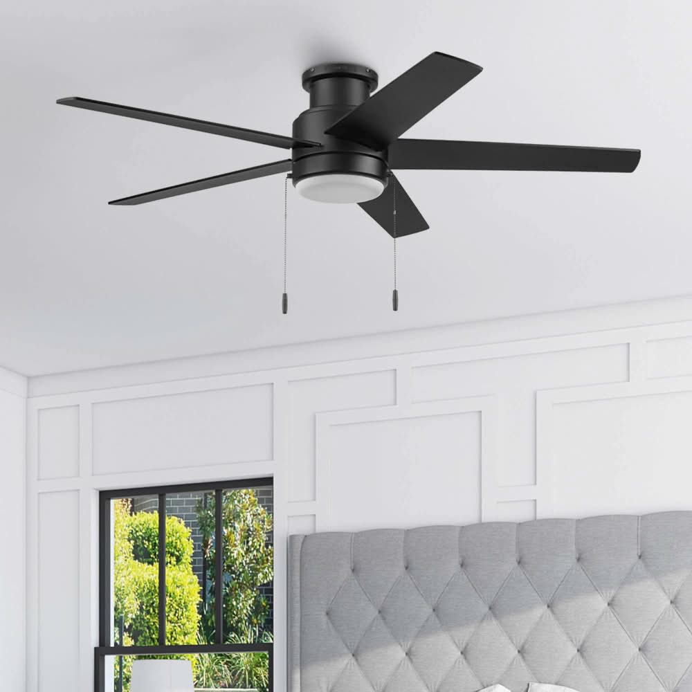 Harbor Breeze Fairbanks Easy2Hang 52-in Matte Black with Black/Sable Blades Adjustable White LED Covered Outdoor Flush Mount Ceiling Fan With Light and Pull Chain Included 5 -Blade