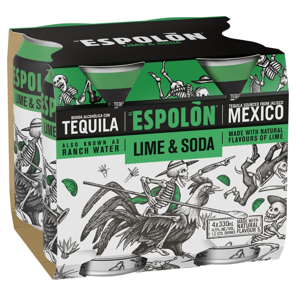 Espolòn Tequila Sour Cocktail, Lime & Soda (4 x 330mL)