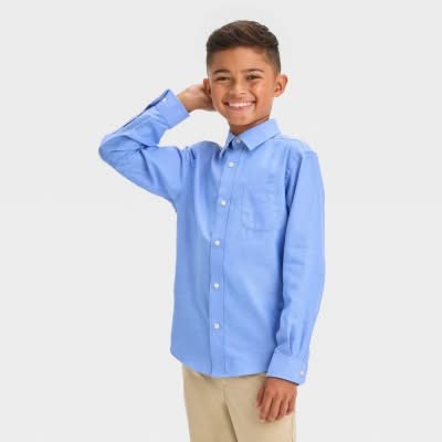 Cat & Jack Boy's Long Sleeve Woven Button Down Shirt, S, Light Blue