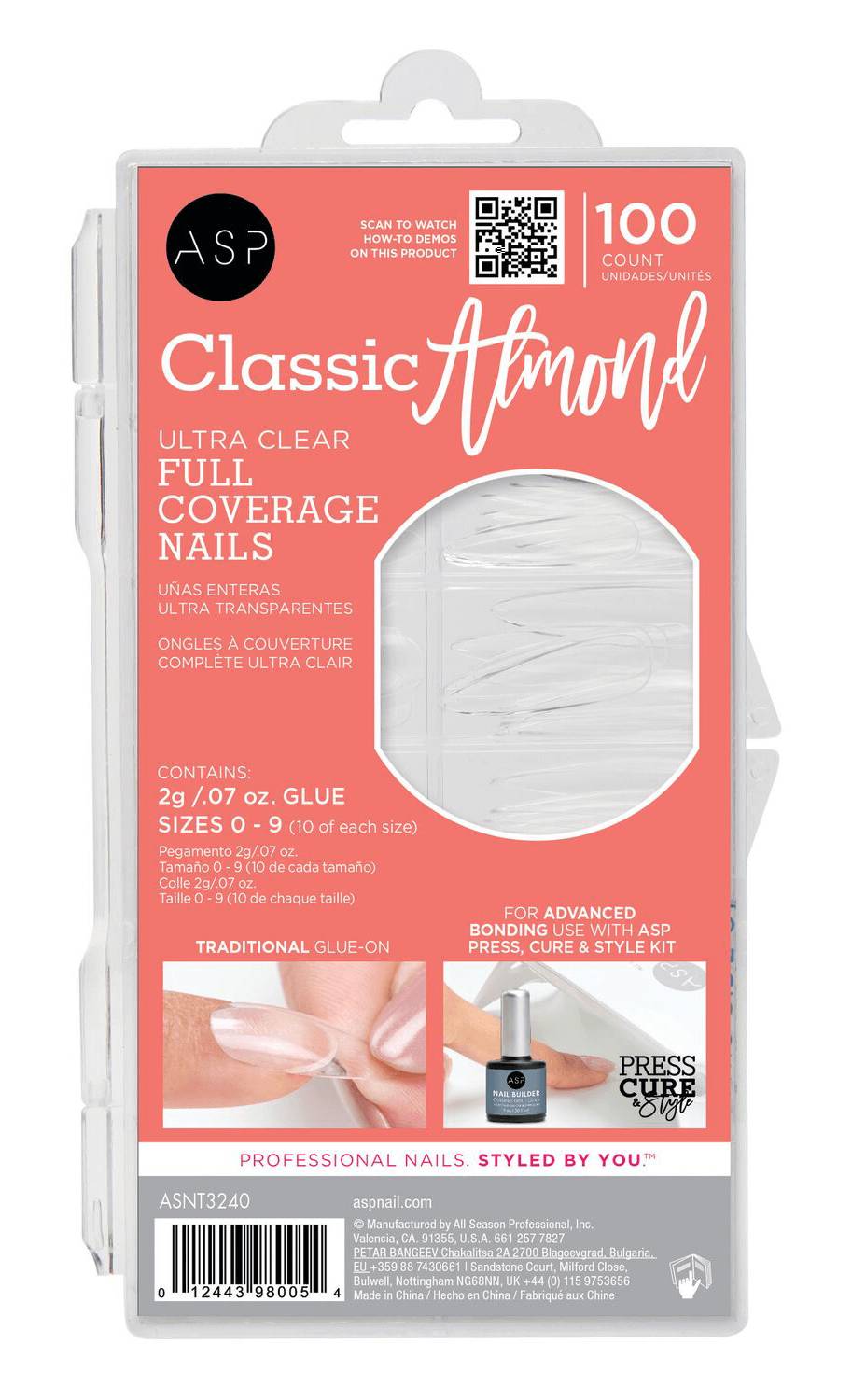 ASP Classic Almond Ultra Full Coverage Nails, Assorted, Clear (100 ct)