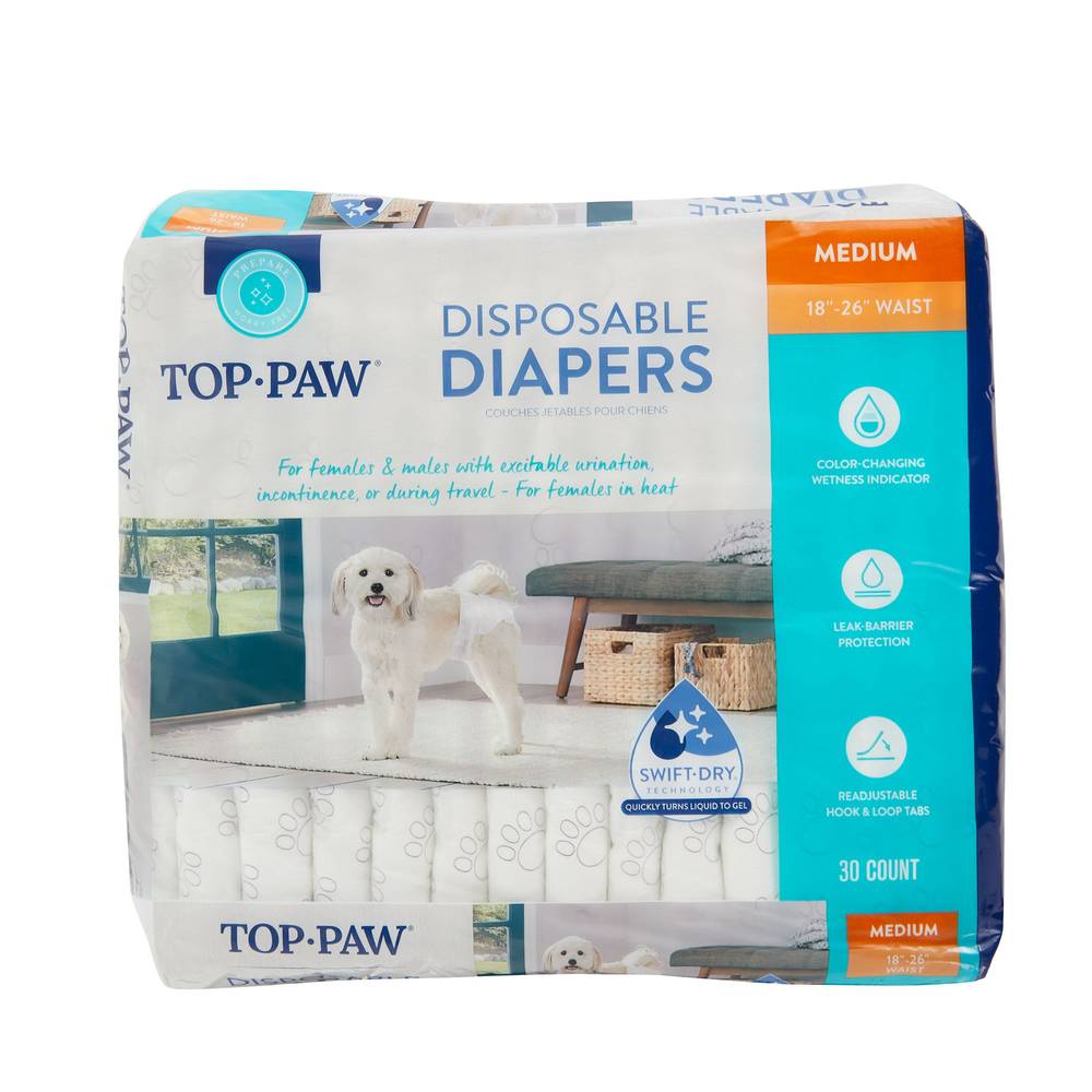 Top Paw Disposable Dog Diapers, Medium, White (30 ct)