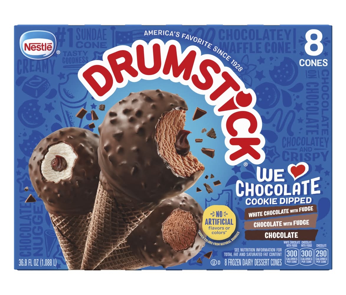 Drumstick Frozen Dairy Dessert Cones, White Chocolate With Fudge/Chocolate With Fudge/Chocolate (8 x 8 ct)
