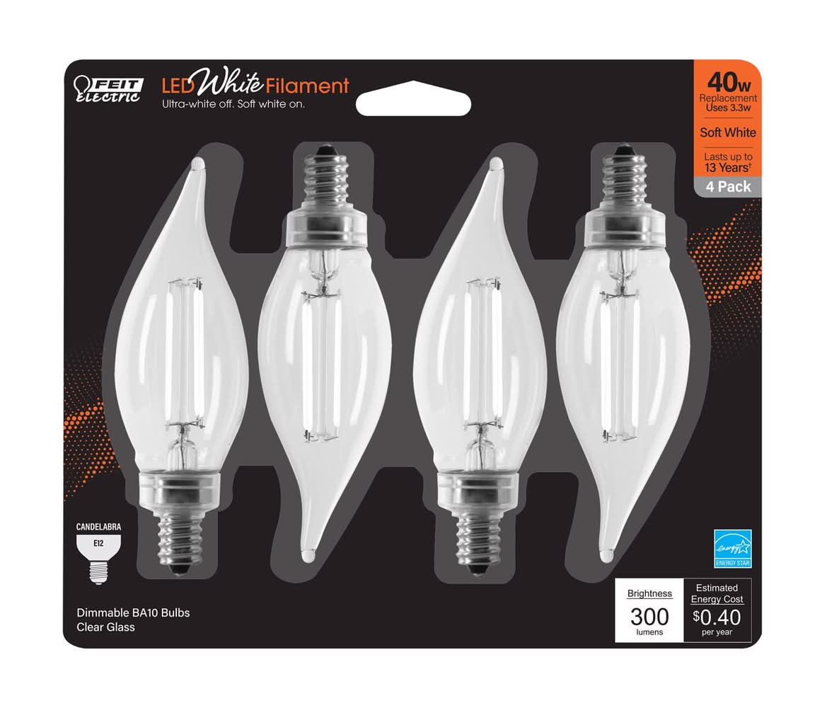 Feit Electric White Ba10 E12 (Candelabra) Filament Led Bulb Soft White 40 Watt Equivalence 4 Pk