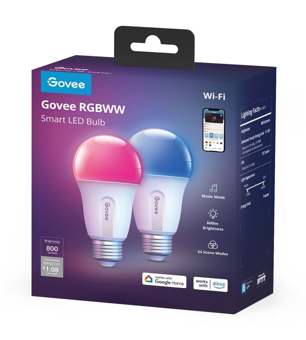 Govee Wi0Fi 800LM RGBWW Smart LED Bulb - 2 Pack 60 -Watt EQ A19 Multicolor Medium screw base E26 Dimmable Smart LED General purpose Light Bulb 2 -Pack