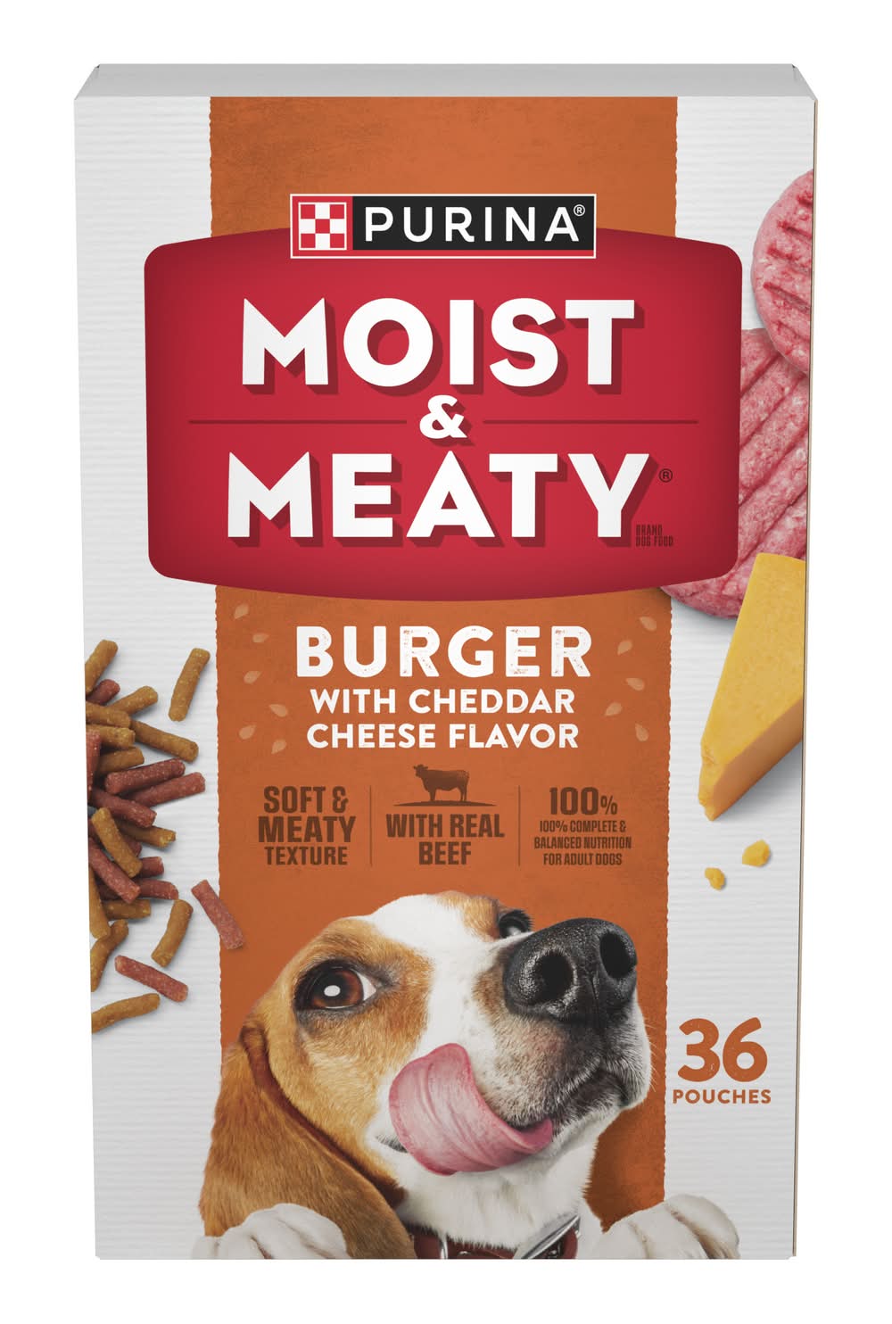 Purina Moist & Meaty Burger Dry Dog Food Pouches, Cheddar Cheese (13.5 lbs, 36 ct)