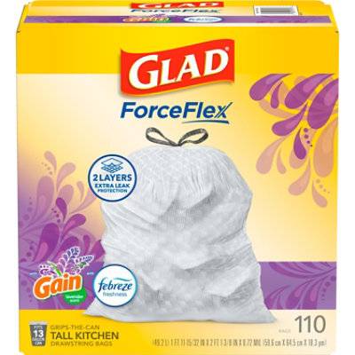 Glad Forceflex Tall Kitchen Drawstring Trash Bags 13 Gallon Gain Lavender With Febreze - 110 Count
