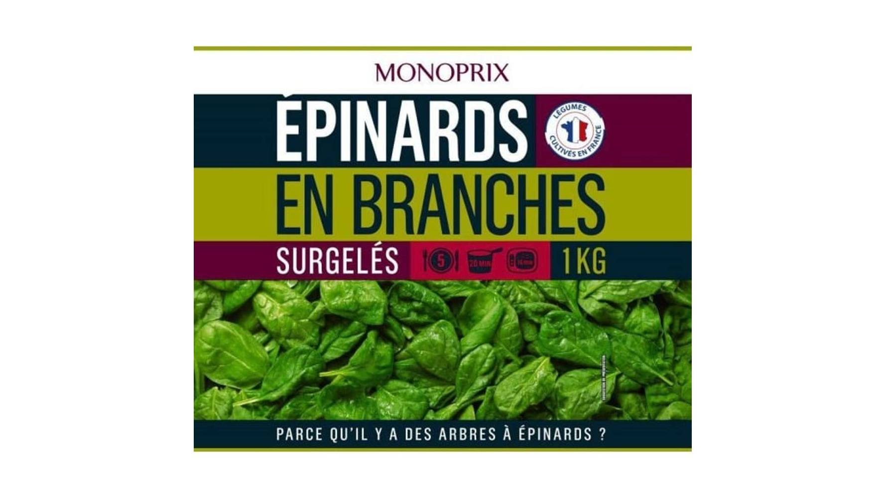 Monoprix Epinards en branches, surgelés Le sachet de 1kg