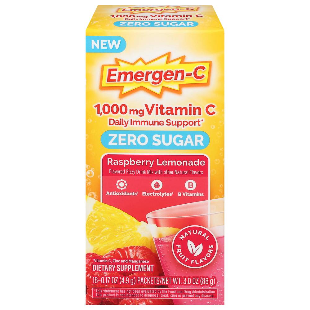 Emergen-C 1000 Mg Zero Sugar Vitamin C, Raspberry Lemonade (0.17 oz, 18 ct)