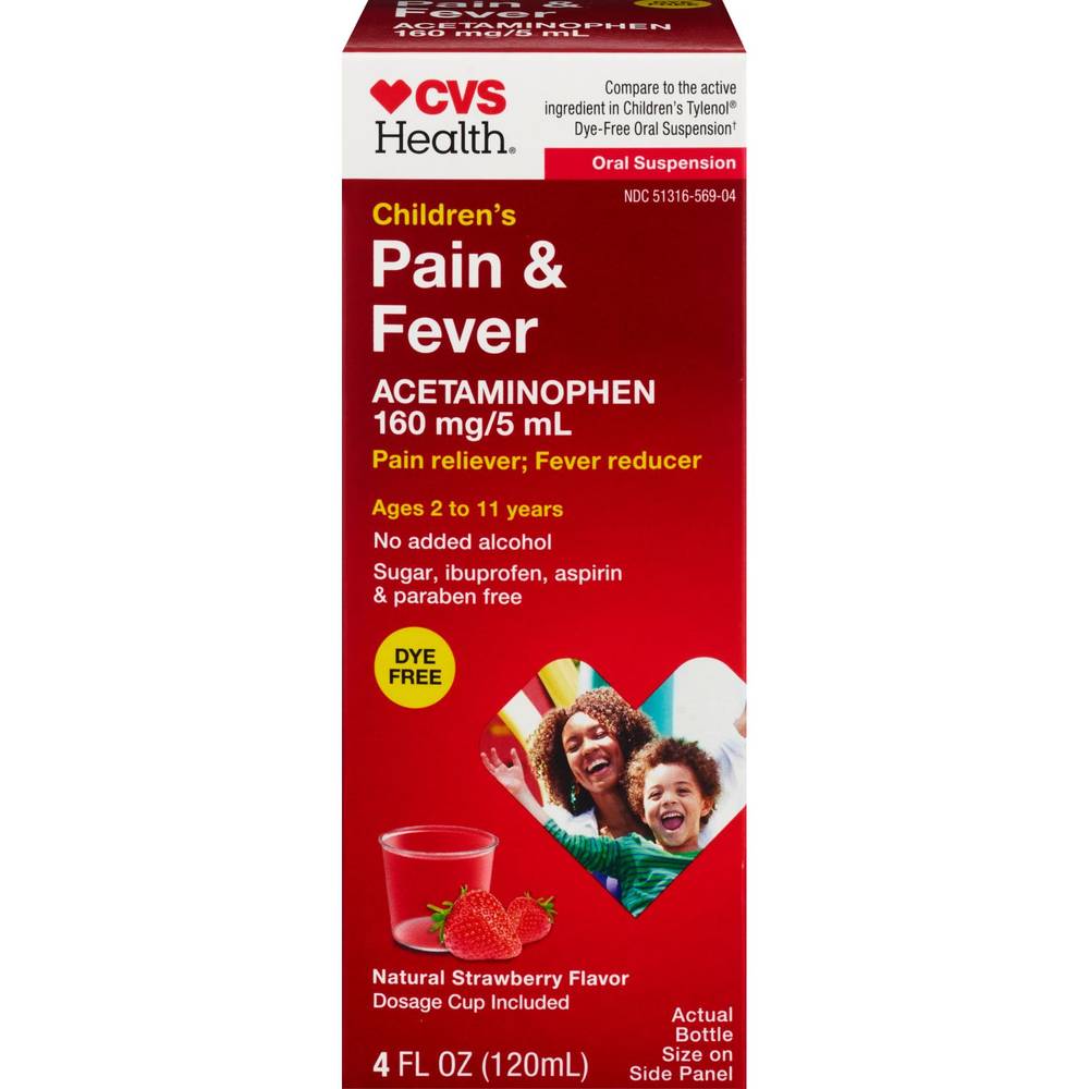 CVS Health Childrens Pain & Fever Relief Oral Suspension, Strawberry (4 fl oz)