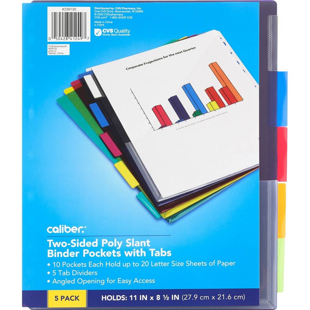 Caliber Two-Sided Poly Slant Two-Sided Binder Pockets with Tabs, Assorted Colors, 5 ct